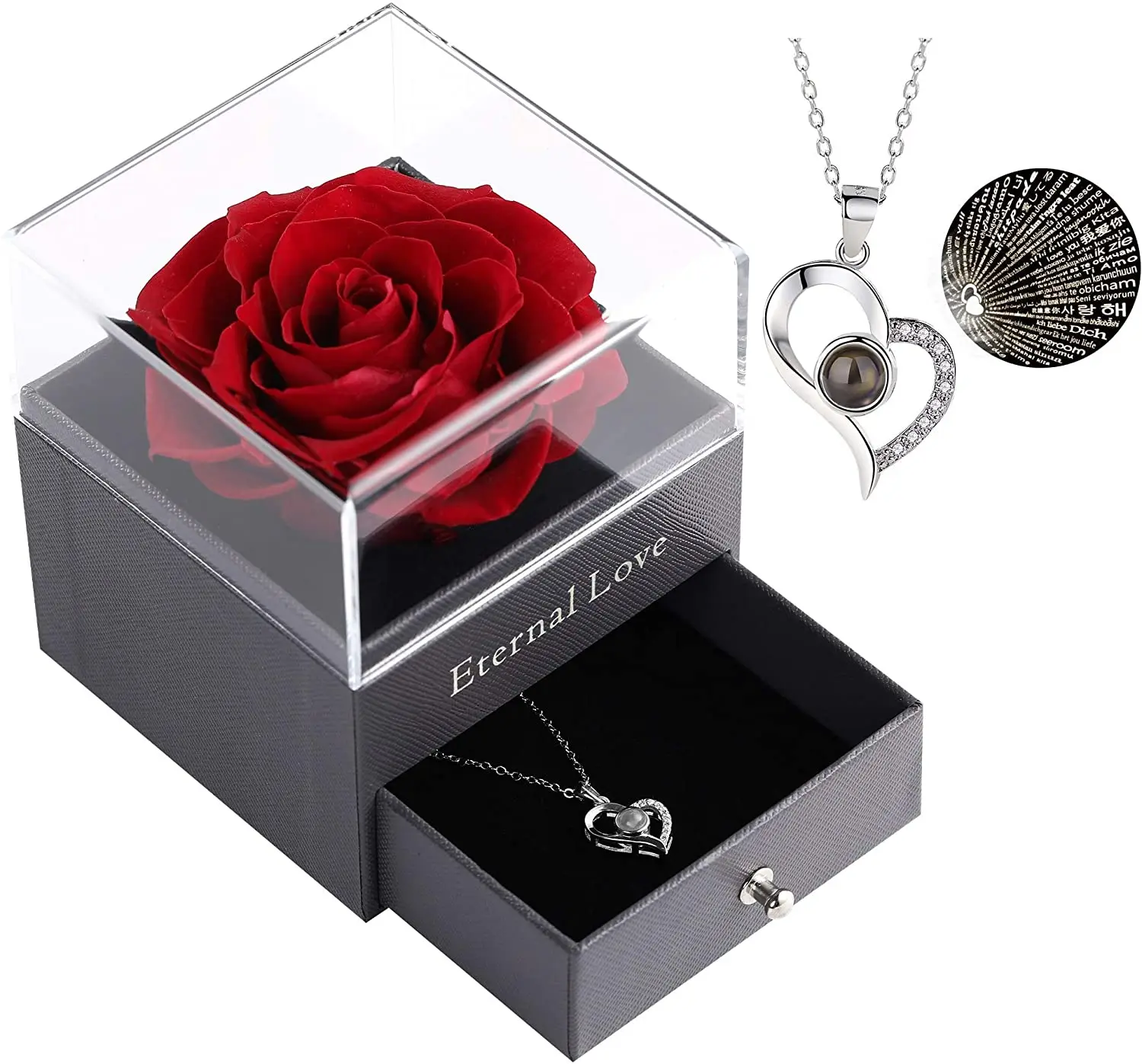 

dropshipping Preserved Real Rose Drawer with I Love You Necklace 100 Languages Gift Set, As picture