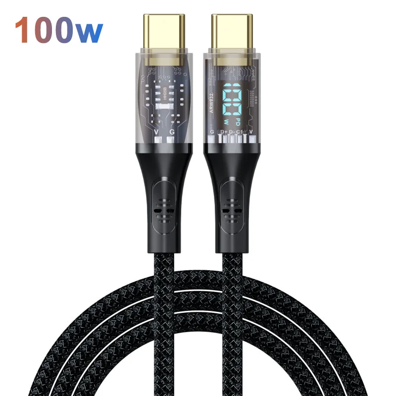 transparent type c 100w cable fast charging 1M USB 2.0 with led display wholesale pd cable 5a type-c 100w pd data cable