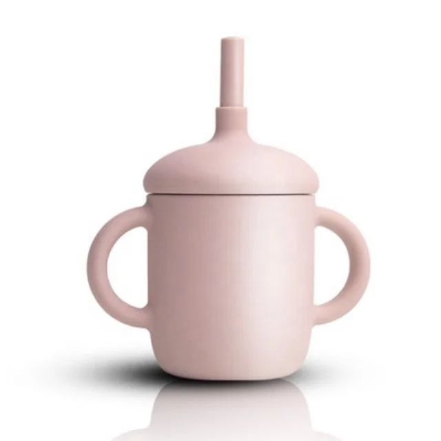 

Factory Wholesale Customized New Design Food Grade Silicone High Quality Baby Training Straw Cup With Handle, Pink & brown & green & grey