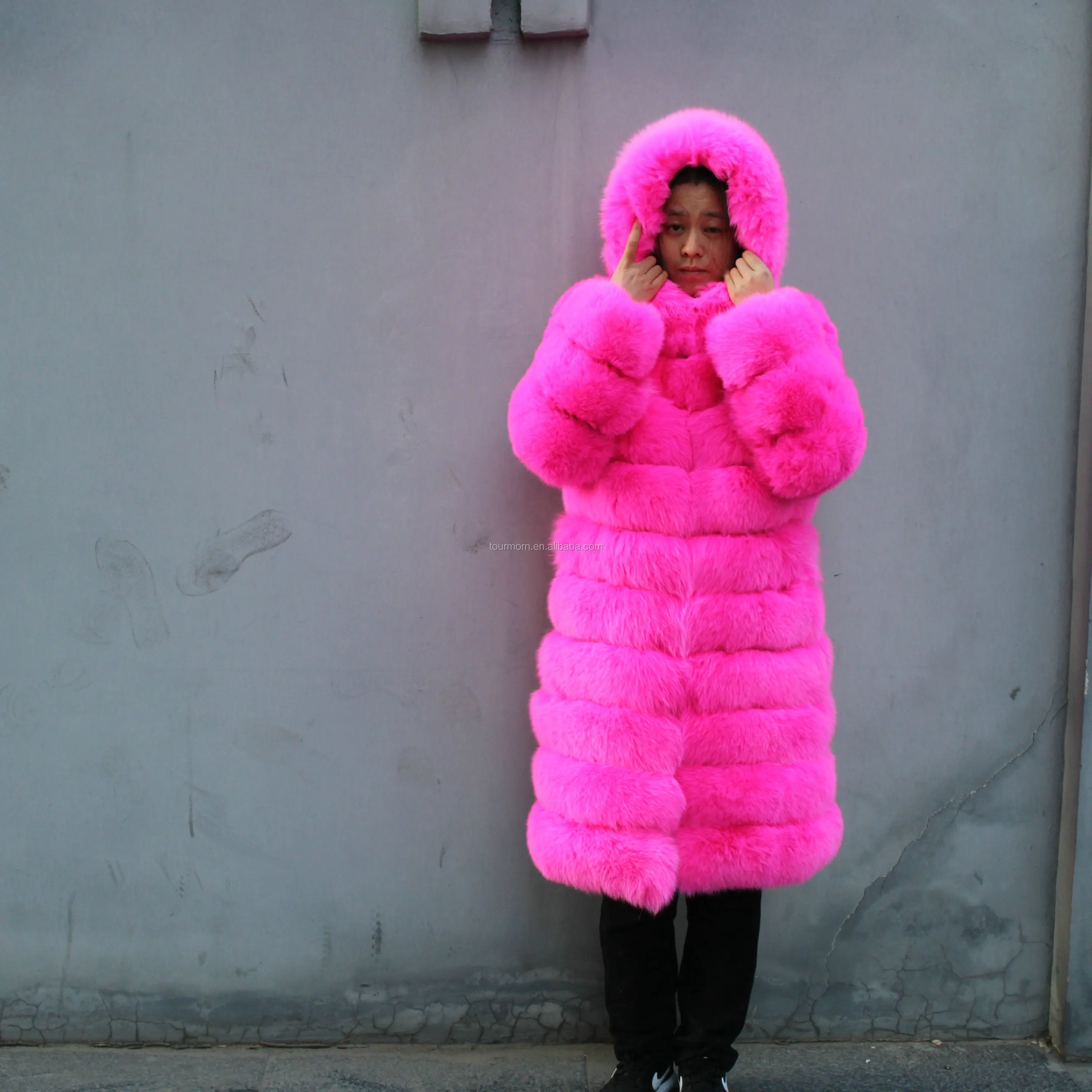 2020 Warm Hot Pink Long Fox Fur Coat With Hood Pockets Thick And Full Fur Classic Design Buy 6555