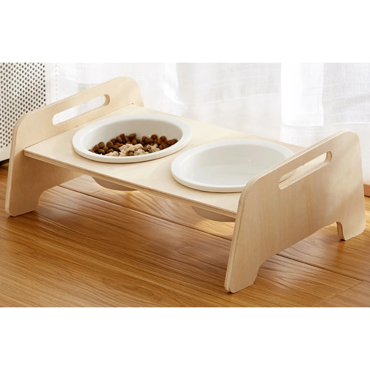 

Custom logo wholesale hot sale wood bamboo elevated pet cat double bowl ceramic luxury non slip dog bowl