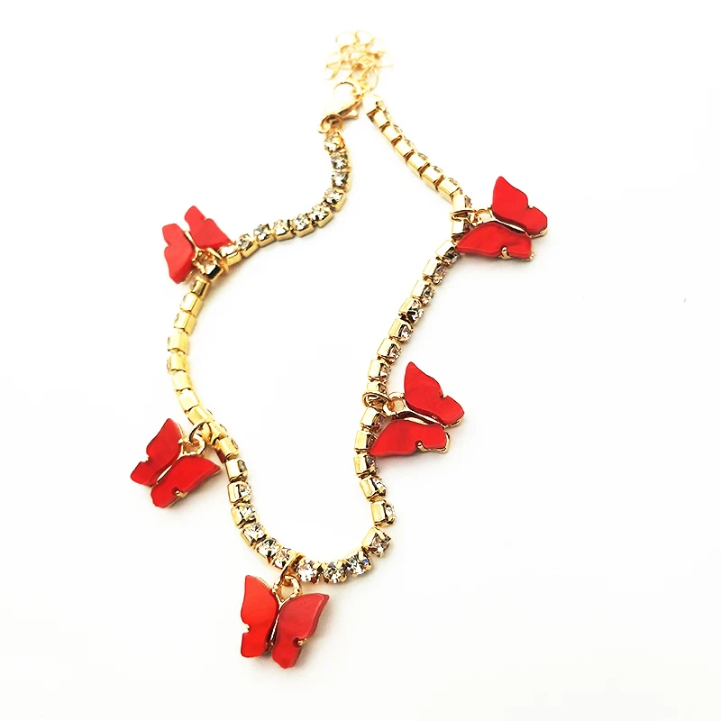 

2021 Anklet Gold Plated Diamond Butterfly Pendant Jewelry Tennis Anklet Bracelet For Women, Red/bule/yellow/pink