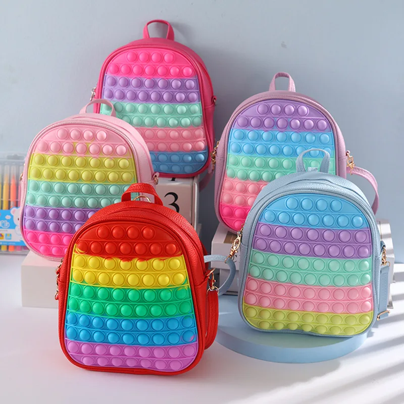 

waterproof rainbow book push bubble mini real pop-it fidget school backpack pu leather silicone boys girl large pop it backpack, Multiple colors