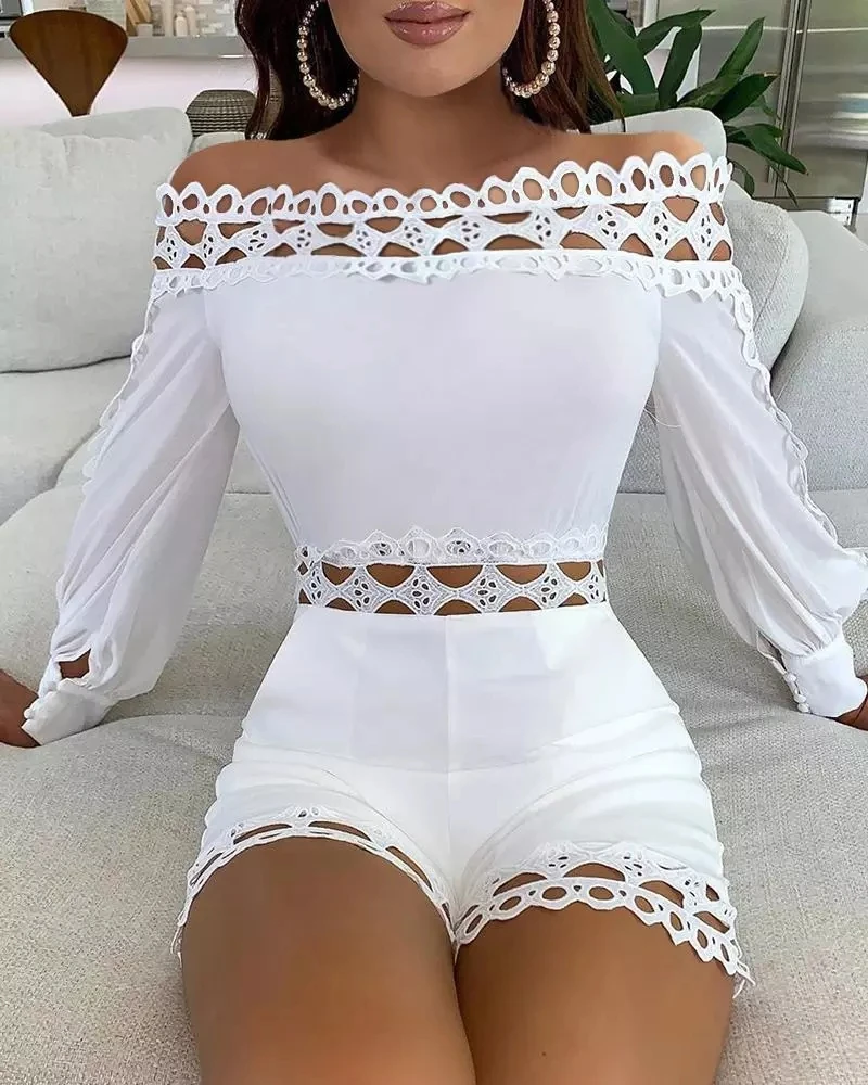 

Women Off Shoulder White Black Regular Rompers Solid Color Lace Patchwork Slash Neck Hollow Out Playsuits