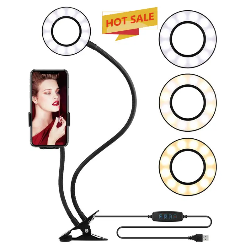 

Flexible Clips 3.5 Inch Table Selfie Ring Light With Cell Phone Holder Stand 2 In 1 Mini Ring Light, Black white