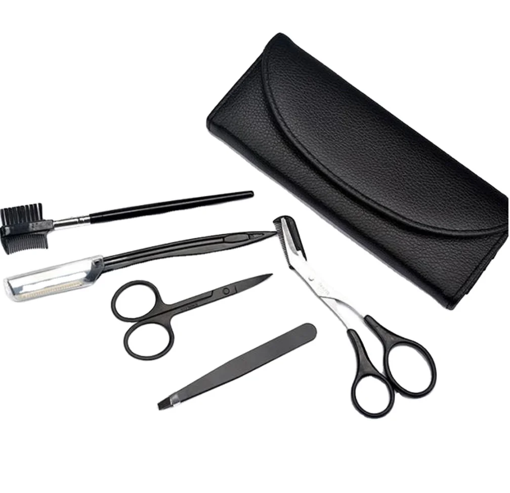 

5 Pieces Eyebrow Clip Knife Razor Set Black Makeup Tool Eyebrow Trimmer Eyelash Scissors Brush Pencil Eyebrow Tweezers Kit