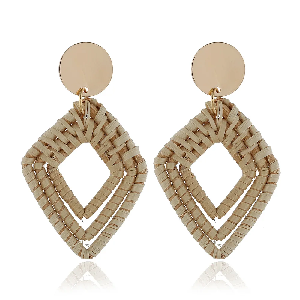 

Geometric Multi Layers Rhombus Rattan Knit Drop Earrings Summer Style Straw Wicker Square Dangle Earrings