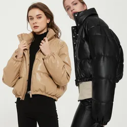 2021 Winter Clothing Women Short plume Puffer Jacket Stand Up Collar PU Leather Slim Bubble Coat Cropped Down Jackets