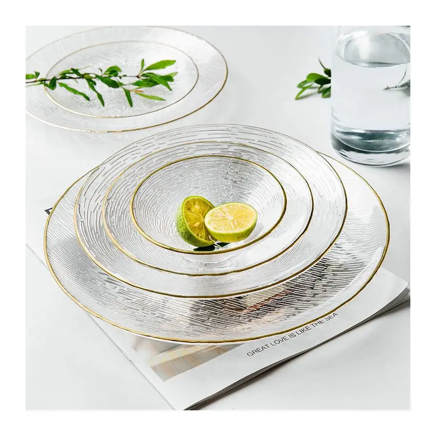

Elegant Clear Stripe Glass Plate Hammered Gold Rim Dish Set Dinner Dinnerware Plates, As picture