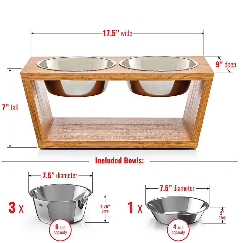 

Ikitchen Adjustable wood dog water bowl stainless steel dog food feeder bowl sublimation elevated bamboo dog bowl