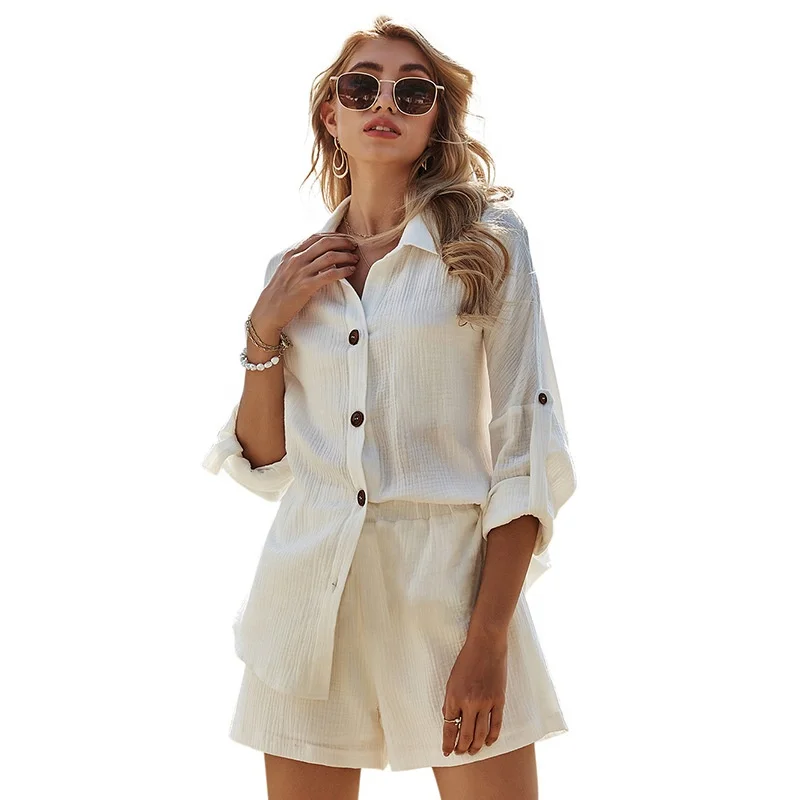 

Hot sales women casual suit women Long Sleeve White Shirt Top blouse and cotton linen shorts set button blouse tops shorts suit