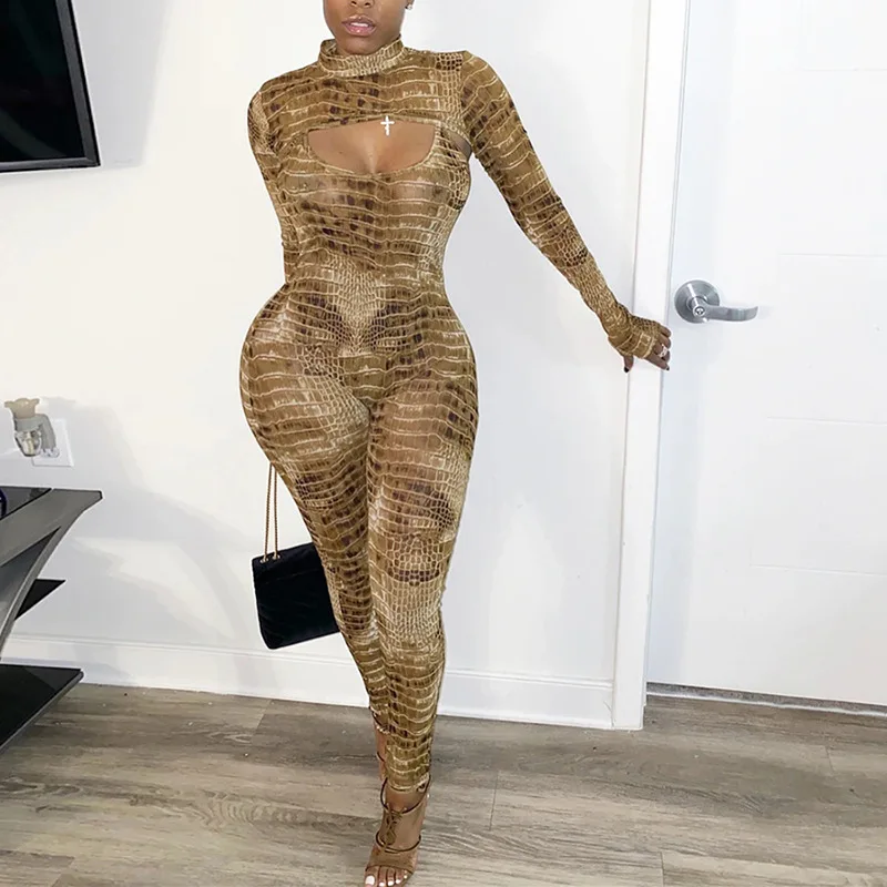 

Women Animal Print Spaghetti Strap Jumpsuit Set With Long Sleeve Top Clothing