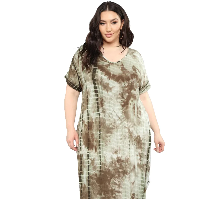 

2021 new arrivals summer fashionable tie-dye printing V-neck straight loose short-sleeves sexy women casual daily long dress, Blue/khaki