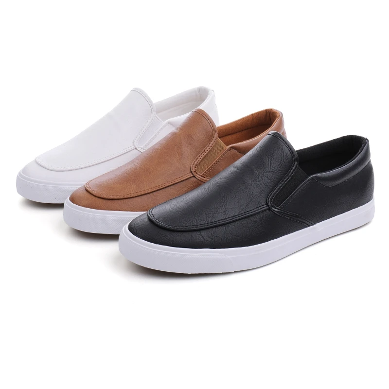 

High quality PU leather slip on low white comfortable casual walking men loafers shoess, Black white khaki