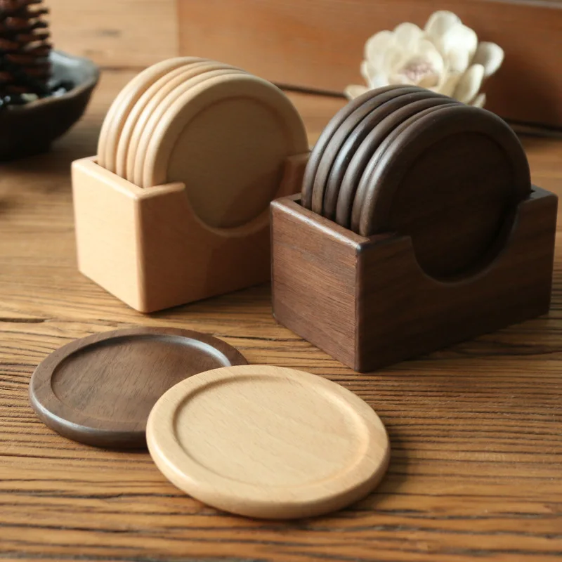 

Wooden coaster set black walnut round solid wood tea cup mat creative kungfu tea set meal mat cup set, Customized colors acceptable