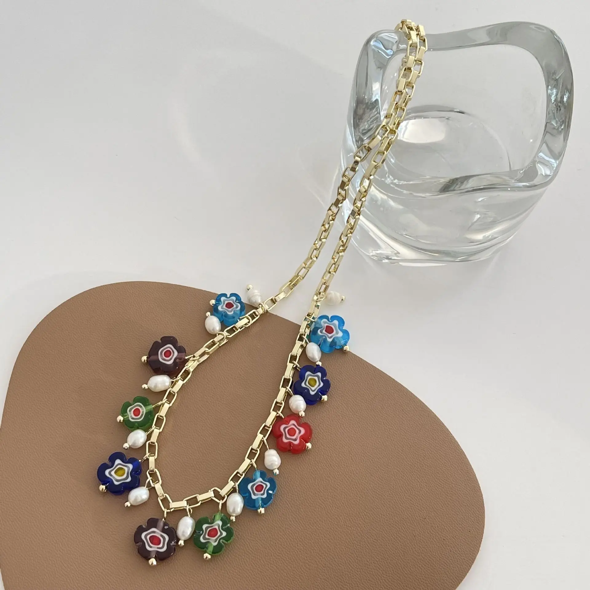 

Vershal B3-183 Hot Sale Natural Freshwater Pearl Colorful Glass Flower Beads Collarbone Chain Necklace