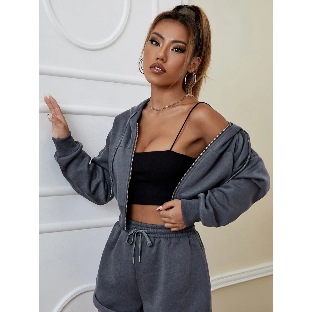 

Custom zip up hoodie women set wholesale 2 piece jogger set women Drop Shoulder crop top women hoodies set