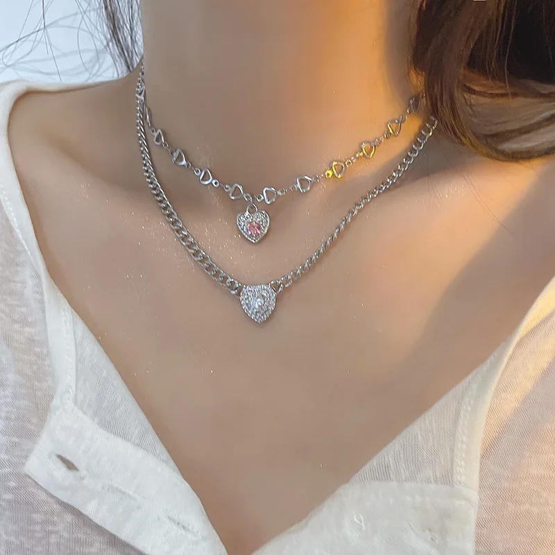 

Statement Pink Diamond Love Clavicle Chain Titanium Steel Diamond Love Stacking Heart Necklace No Fade Necklace, Silver