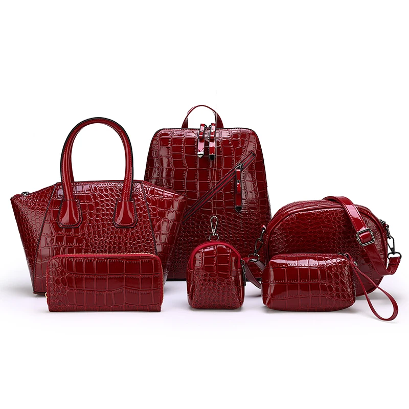 

Wholesale Women Handbags Leather Shoulder PU 6 Pcs Set Bag, Black/brown/red/pink