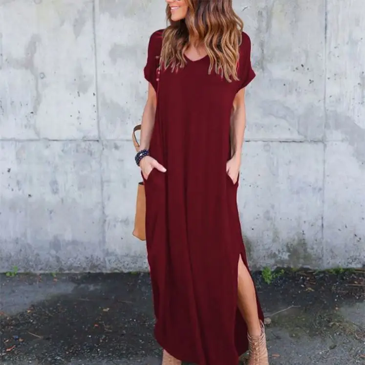 

FORLADIES New Arrival 2021 Polyester Blended Loose Solid Color Sexy Slit Women Summer Dress Elegant Casual Dresses