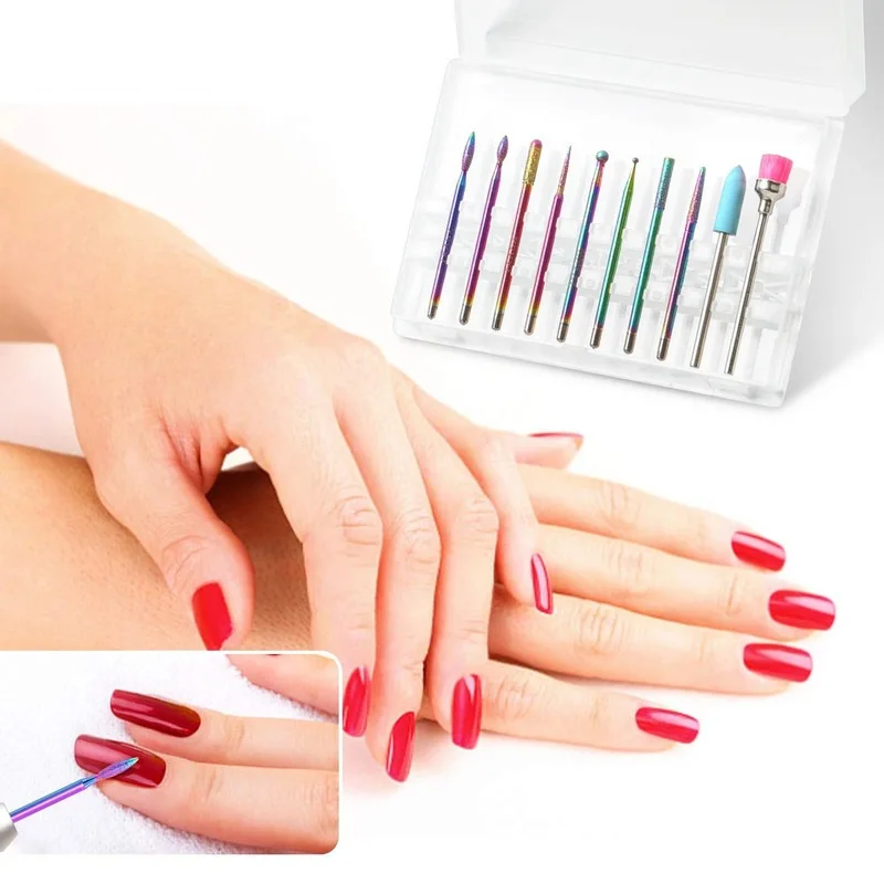 

Ready to ship Stainless Steel Manicure Carbide Rotary Milling Cutters Kits Equipment Tools 10PCS Nail Drill Bits, Rainbow color