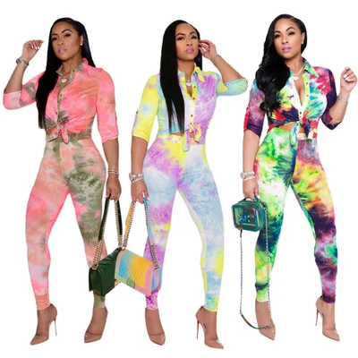

B53600A Women fashion tie dye print casual half sleeve shirt with pants, Shown