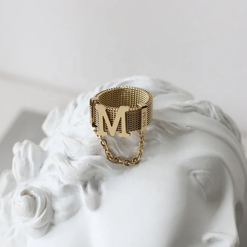 

Fashion Gold Jewelry Mom Ring Stainless Steel Statement Net-knitted Mesh Wide Chain Initial M Letter Ring as Mother's Day Gift, Gold, rose gold, steel, black etc.
