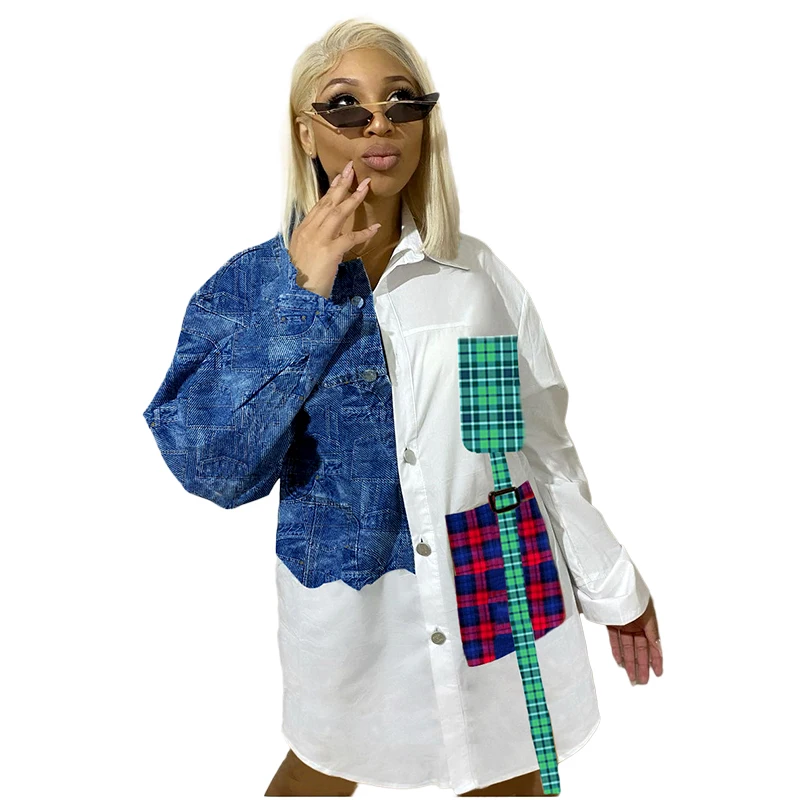 

Plus size other cloth women fall clothes 2021 Casual Plaid denim patchwork womens shirt dresses