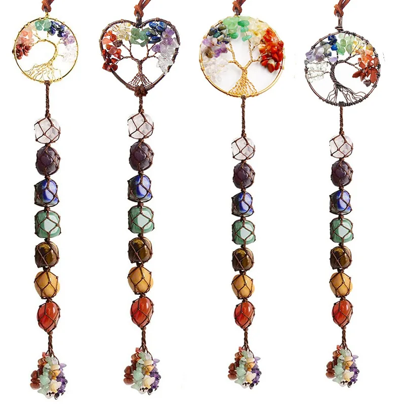 Natural Stone Woven 7 chakras winding tree of life hang Ornaments Gemstone Natural Quartz Crystal Healing Stone Hang decorations