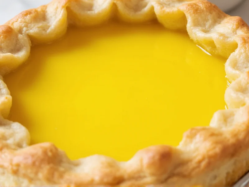 Close-up of vibrant yellow lemon curd filling in baked pie crust