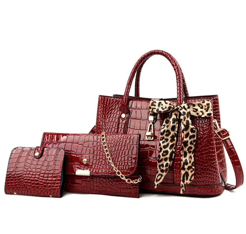 

Crocodile grain PU Leather Women Handbag 3pcs Set Leopard Bowknot 2021040623