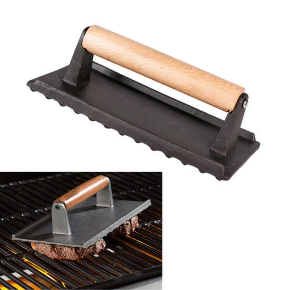 Cast Iron Steak Weights,Bbq Heavy Weight Bacon Press With Wooden Handle