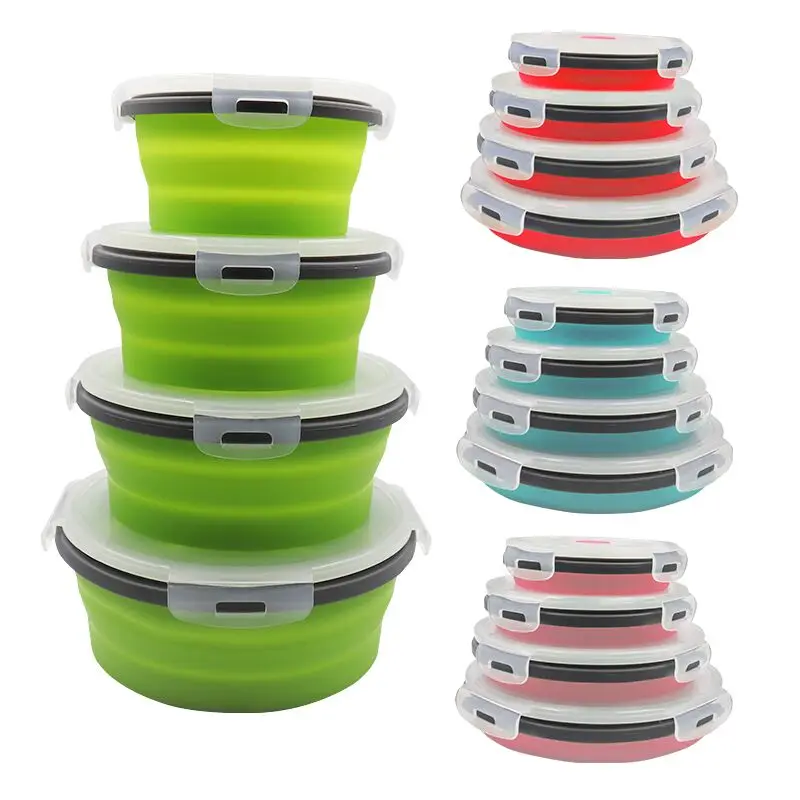

Reusable Hot Sales 100% Food Grade Round Shape Food Storage Container Silicone Collapsible Lunch Box, Pink,sky blue,green,red