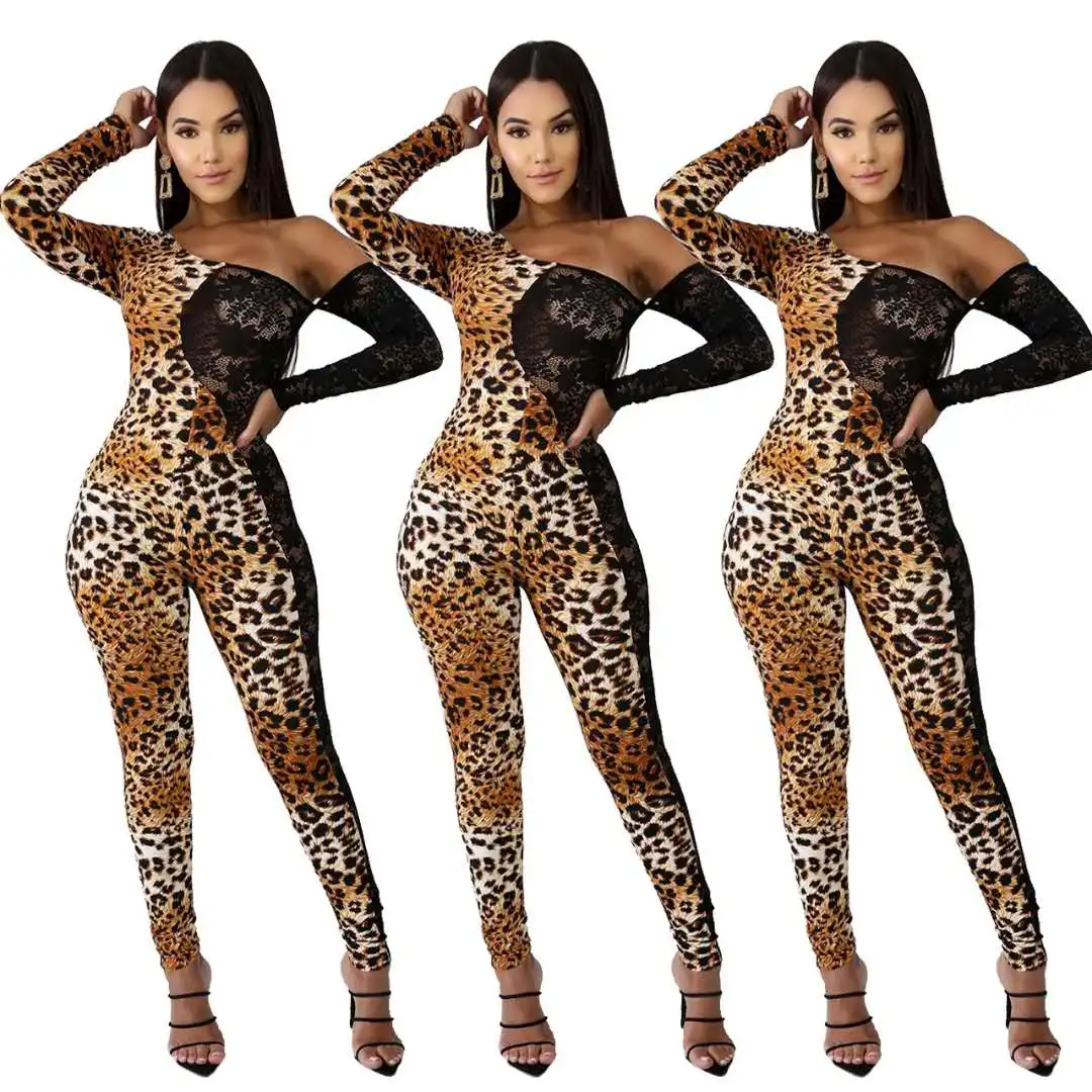 

Women'S Sexy Leopard Lace Stitching Skinny Jumpsuit Long Sleeve Hollow Out Oblique Asymmetrical Shoulder Rompers