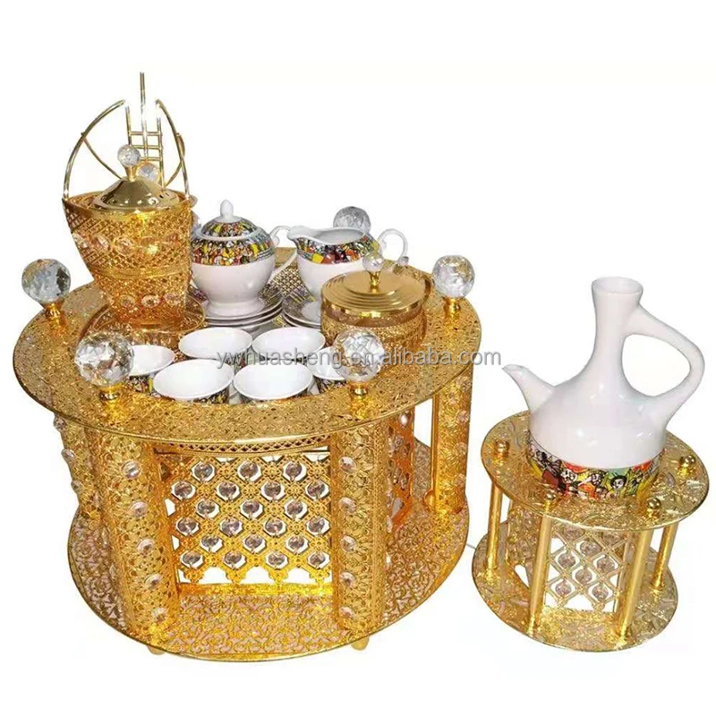 

2021 Popular Metal Coffee Tray Ethiopian Coffee Rekebot With Porcelain Coffee Cup Set