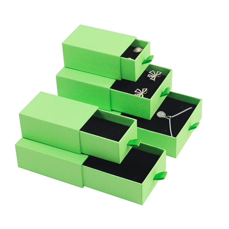 

Wholesale Cardboard Bright Green Slide Drawer Paper Box with Black Foam for Jewelry Packaging