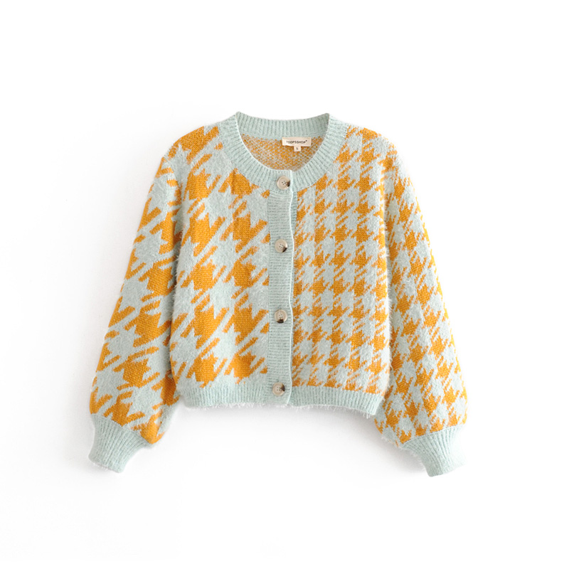 

Geometric pattern korean style mohair knitted cardigan women fall beautiful sweater