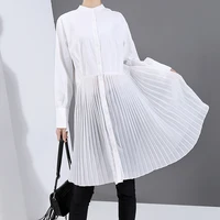 

Best Seller Latest Stylish Korean Style Buttons Full Sleeve Plain White Elegant Ladies Pleated Chiffon Dress 5882