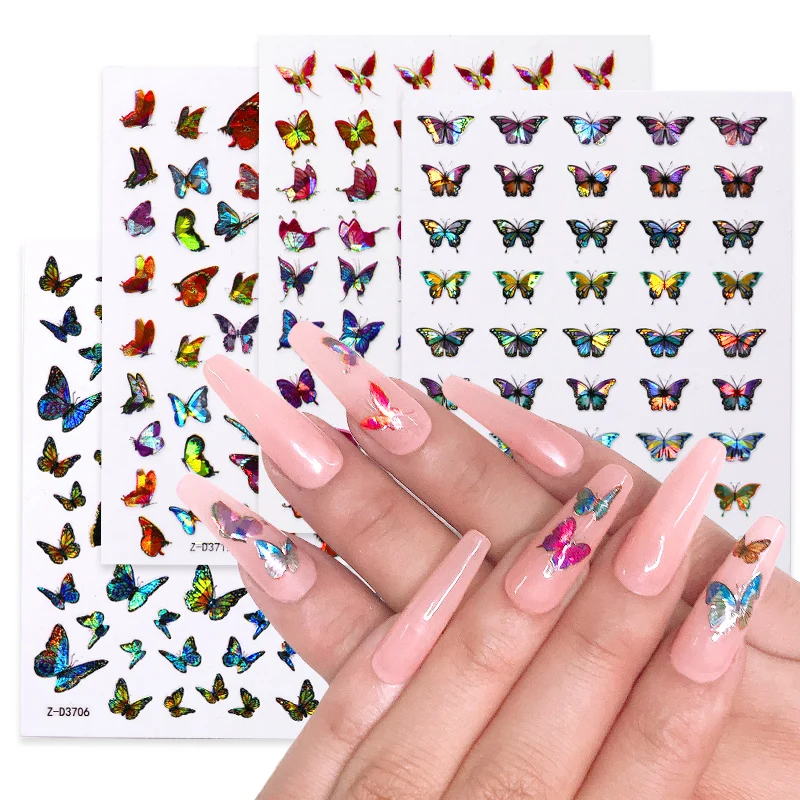 

1Sheet Laser Color Butterfly Nail Art Stickers Holographic 3D Gradient Butterflies Adhesive Nail Decals DIY Manicure Decorations
