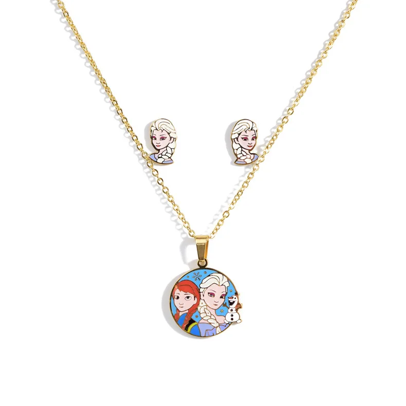 

Fashion Stainless Steel Princess Pendant Jewelry Set Necklace Earrings Animal Shaped Oil Gold Plated Children Bridal Gift