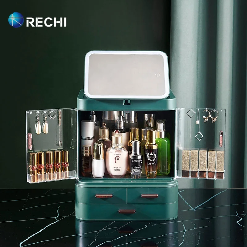 

RECHI Dust-Proof Cosmetics Lipstick Organizer Box Makeup Skincare Perfume Storage Bin For Jewelry With Led Mirror & Drawers, White,pink or customized