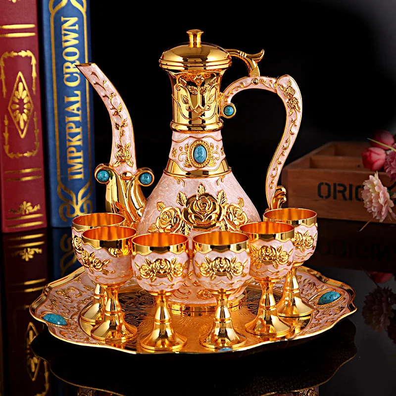 

QIAN HU Vintage Ramadan Kareem Gifts Turkish Tea and Coffee Set Wedding Home Decoration Zinc Alloy Wine Set, Brozen