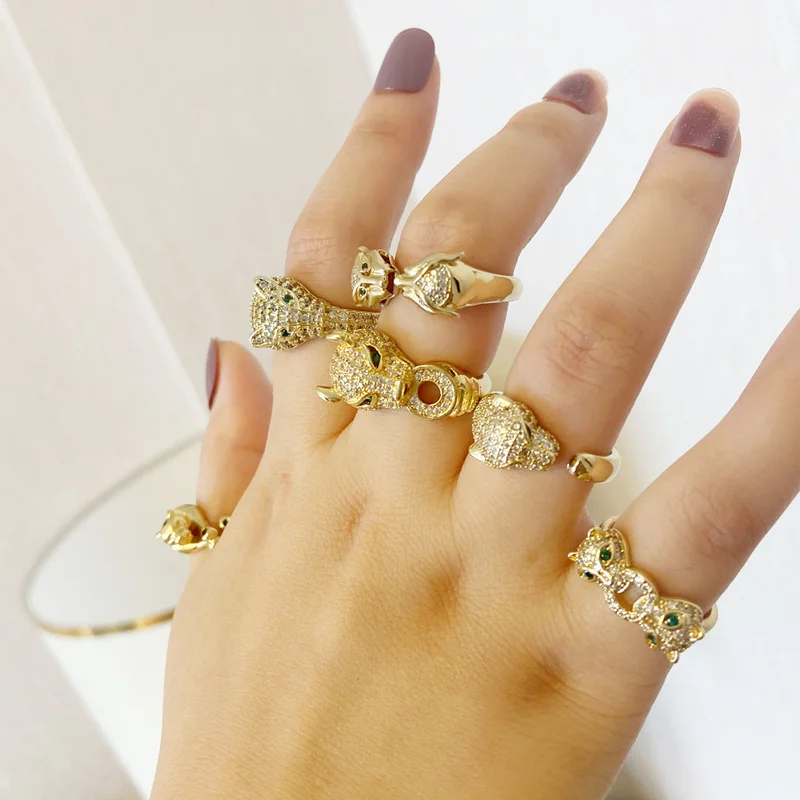 

High Quality 18K Plated Gold Jewelry Women Trendy Full Diamond Rings Adjustable Leopard Head Ring
