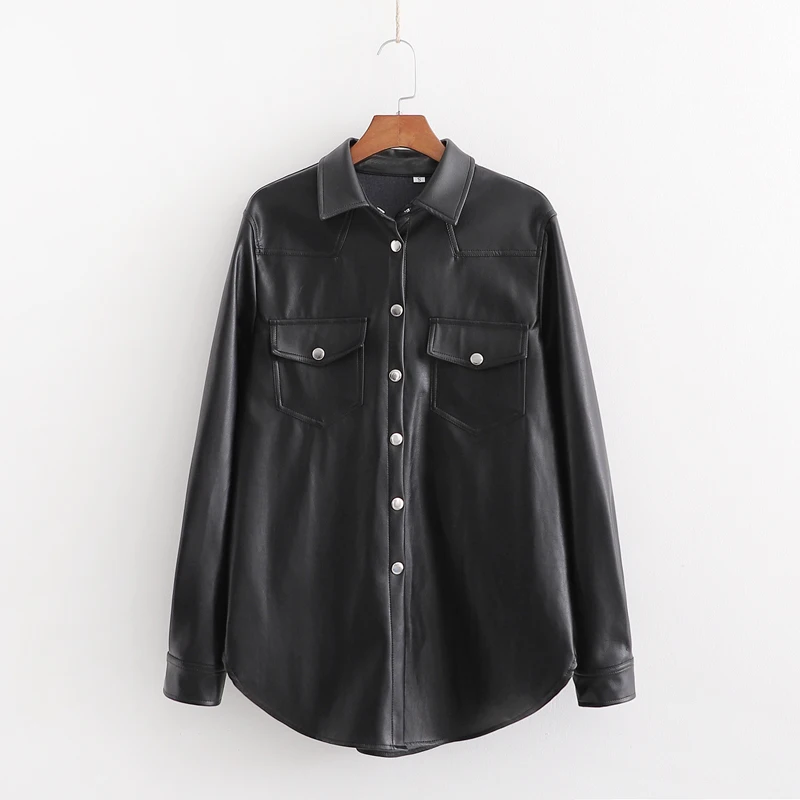 

Basic design black color turn down collar long sleeve leather shirt women pu blouse