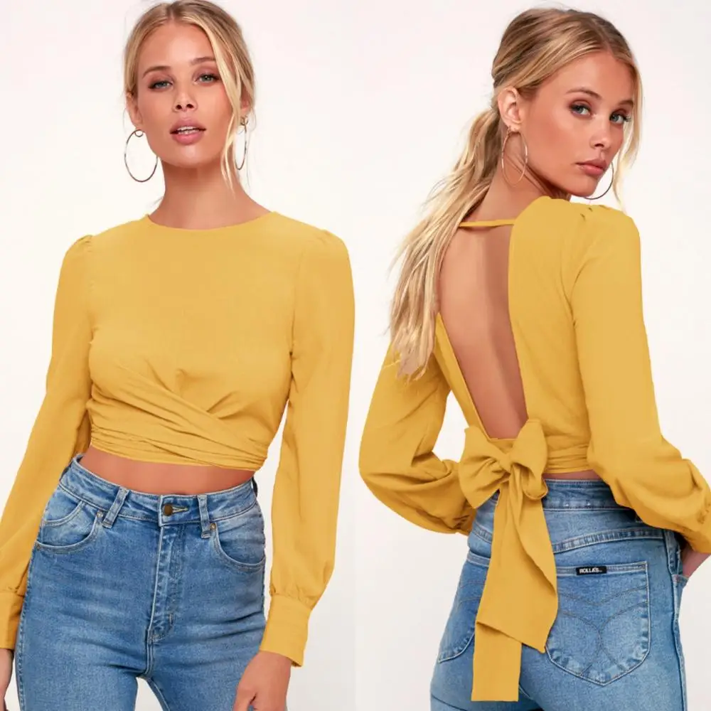 

Sexy Women Autumn Clothes Female Streetwear Yellow Shirt Butterfly Bow Long Sleeve Backless Crop Tops For Women, Green, yellow, burgundy, blue