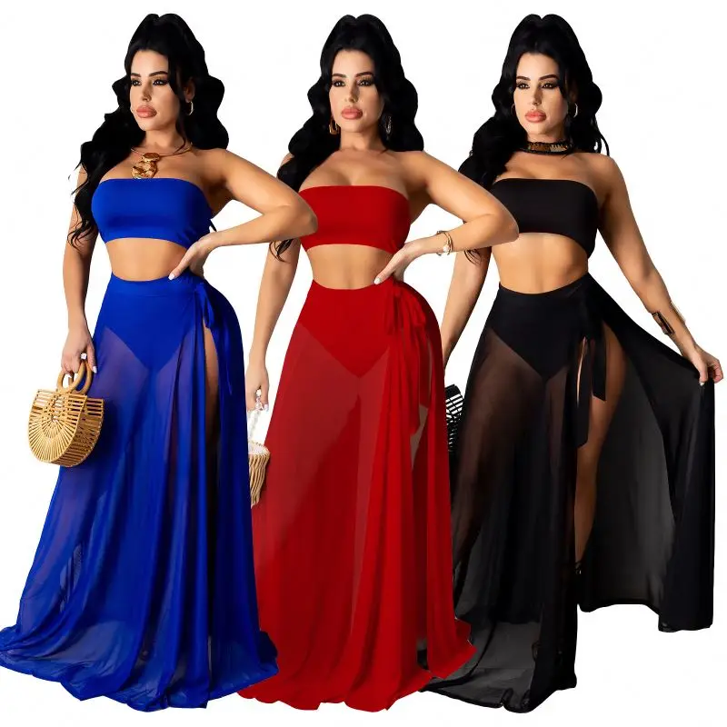 

CYQ076 new arrival mesh tube 3 piece set casual dresses women