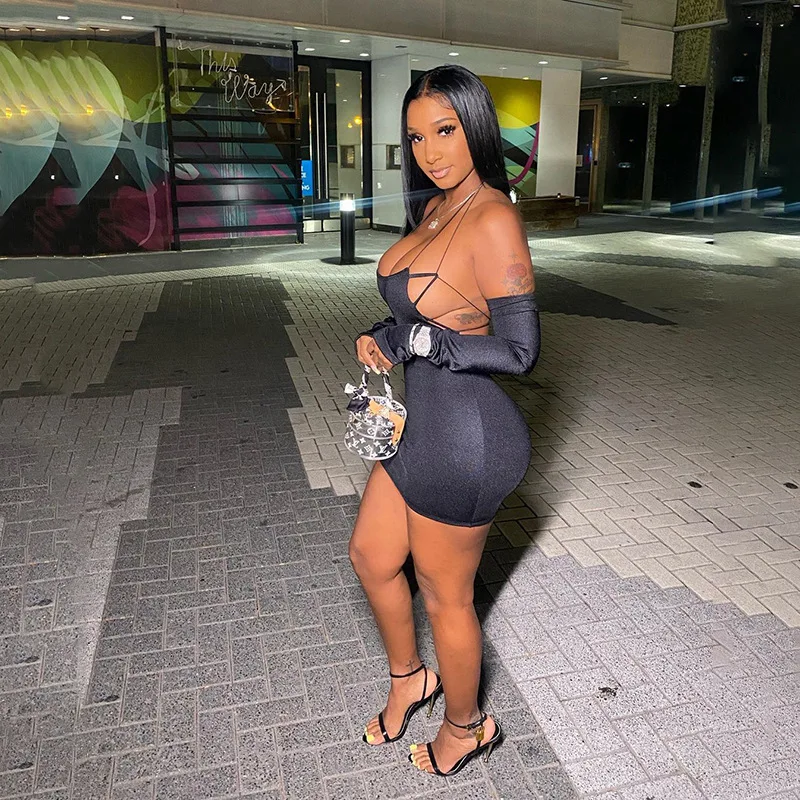 

S7320 - Sexy Bodycon Off Shoulder Long Sleeve Strap Backless Dresses Women
