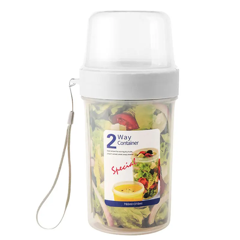 

Multi-Function Double Layer Portable Plastic Milkshake Cup With Hanging Rope Salad Sealed Box