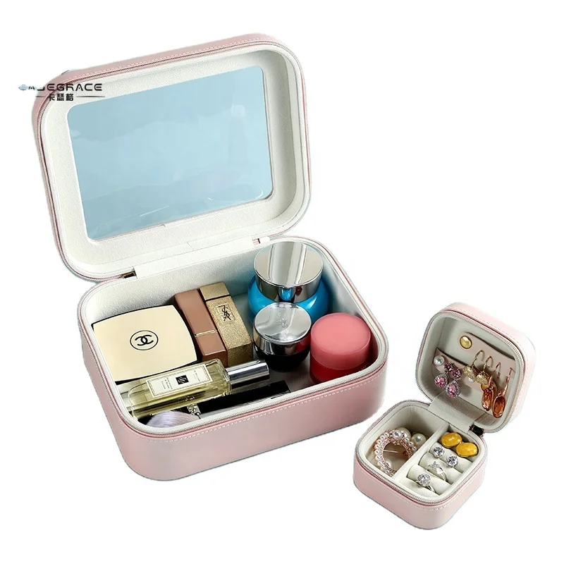 

Wholesale Custom Logo PU Leather Big Makeup Cosmetic Storage Case With Mini Travel Jewelry Box Jewellery Ring Necklace Organizer