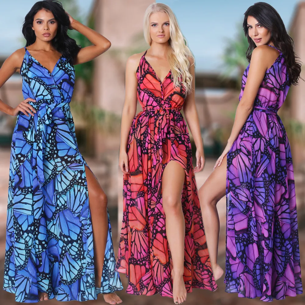 

2022 Summer Clothes Strap Sexy V-neck Split Floral Maxi Dresses, Purple, blue, red
